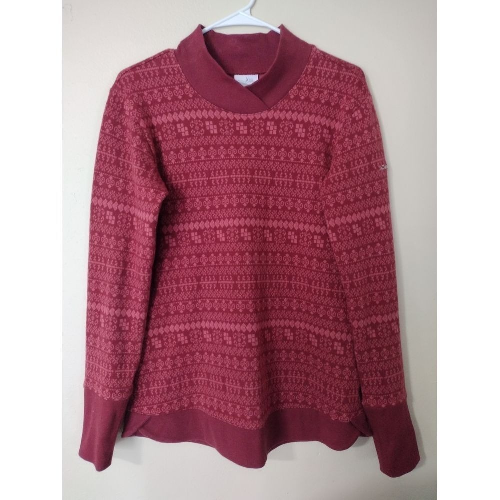 Columbia‎ Women's Red Fair Isle Fleece Mock Neck Pullover Top Size L